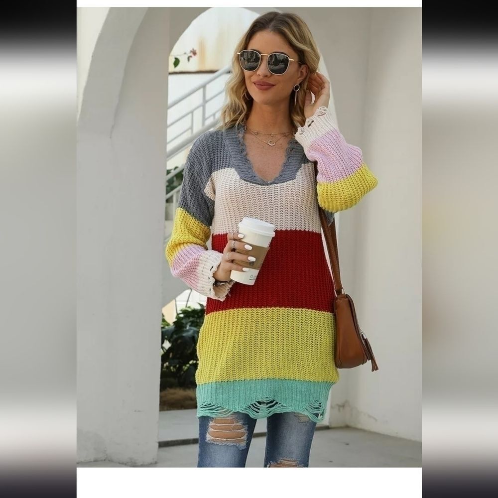 Rainbow Color Block Distressed Knit Pullover Tunic Sweater​